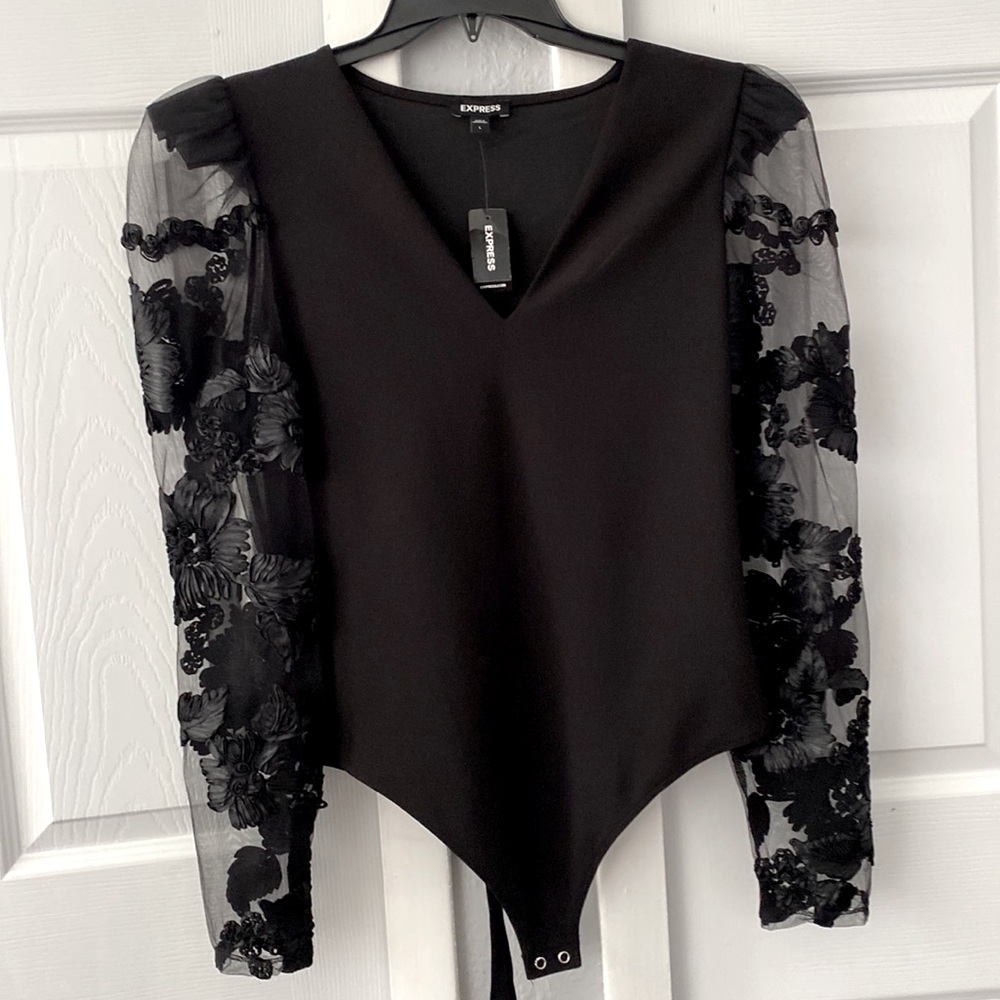 Express black body suit with long sheer lace sleeves